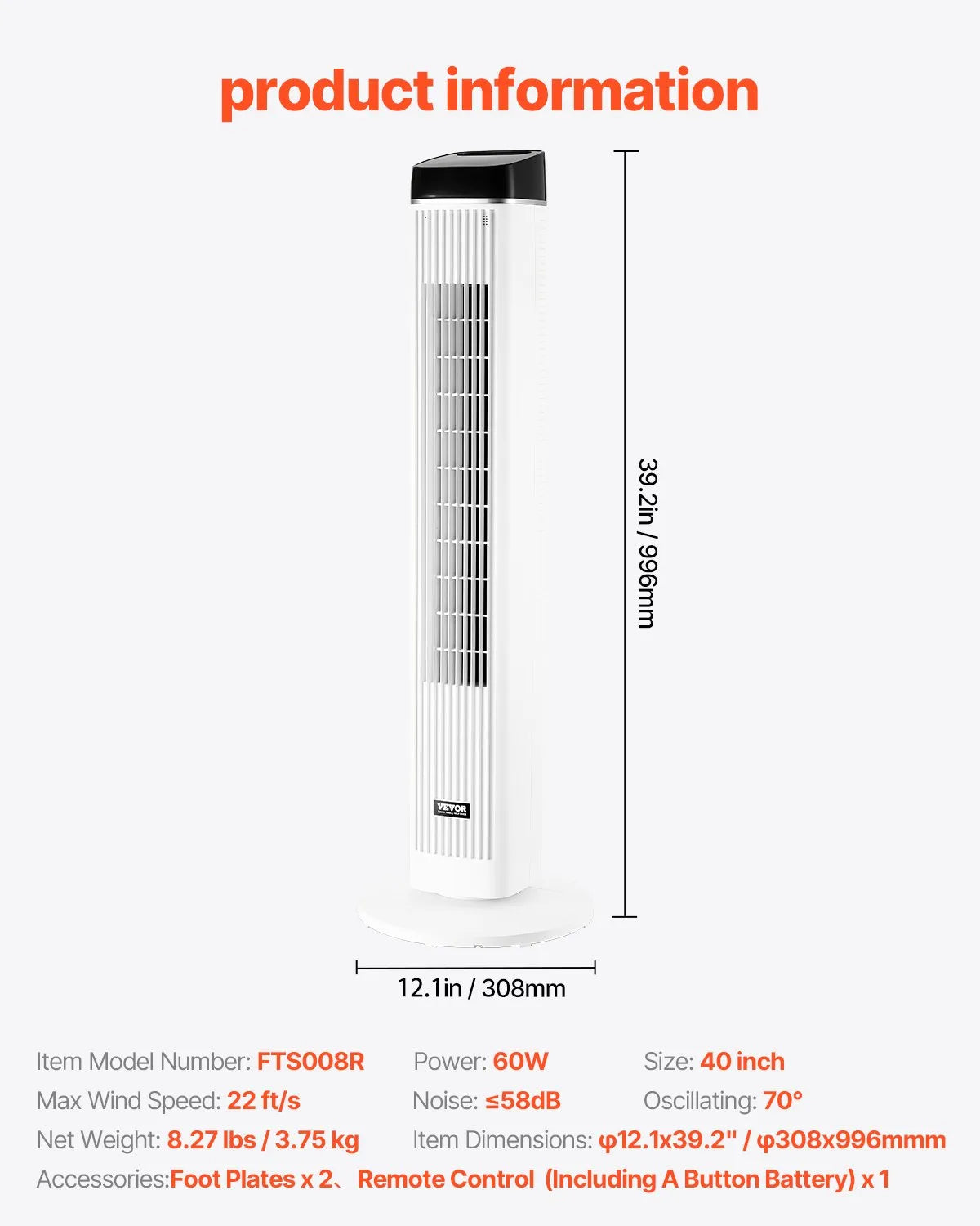 Tower Fan 22 ft/s Velocity Quiet Floor Fan, 70° Oscillating Fans for Indoors with 3 Speeds, 4 Modes, 12H Timer, Portable Standing Bladeless Fan with Remote Control for Bedroom, Office, Home