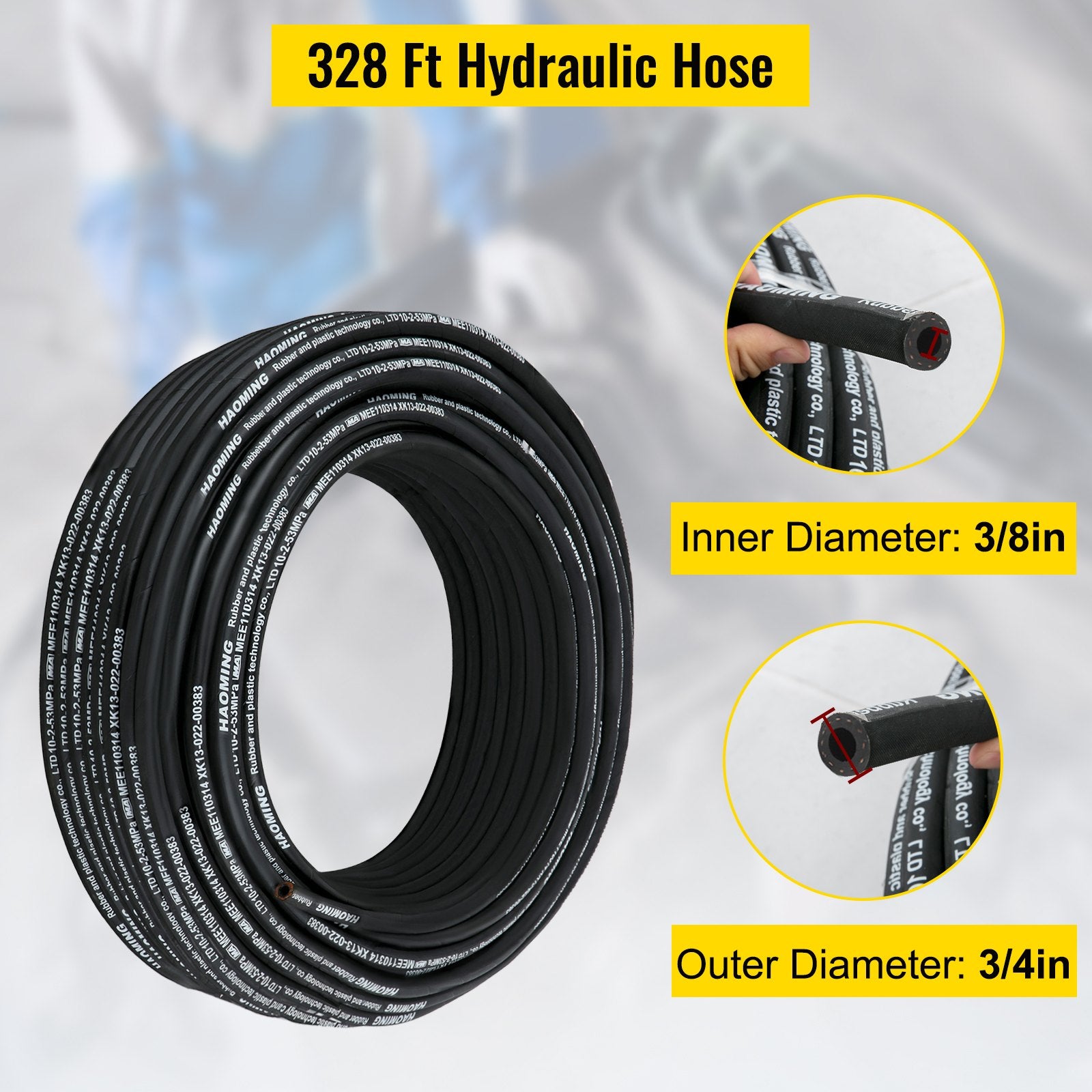 328-Foot Rubber Hydraulic Hose, 3/8" Inner Diameter, 5000 PSI Max, Steel Wire Braid, Flexible Oil Hose for Extreme Temperatures -40°F to 250°F