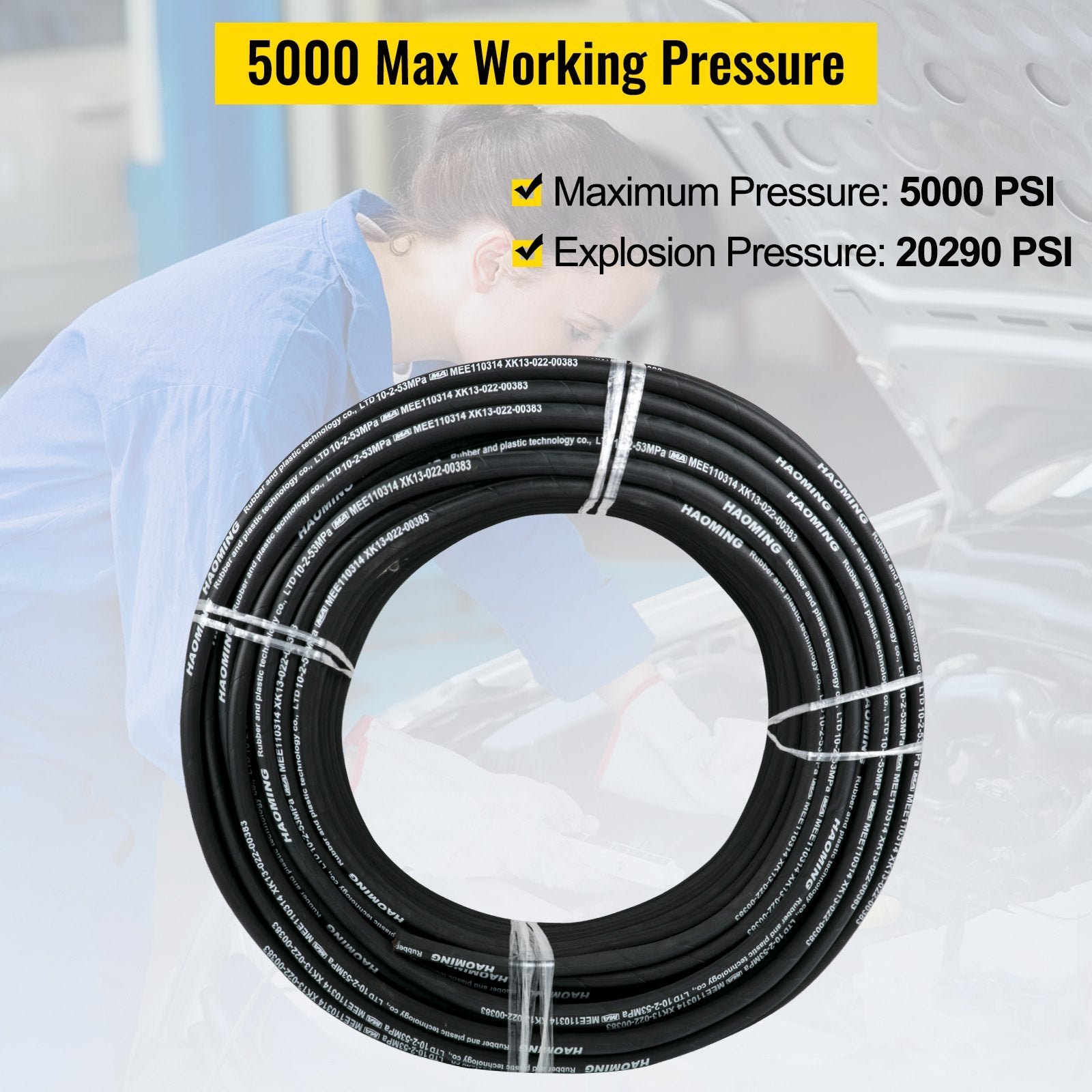 328-Foot Rubber Hydraulic Hose, 3/8" Inner Diameter, 5000 PSI Max, Steel Wire Braid, Flexible Oil Hose for Extreme Temperatures -40°F to 250°F
