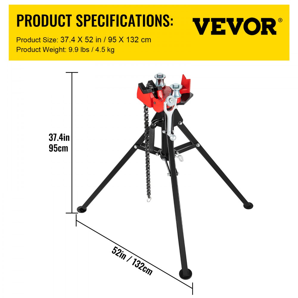 VEVOR Tripod Pipe Chain Vise, 1/8"-5" Pipe Capacity with Portable Folding Steel Legs, 36.4 inch Length Chain Vise Stand, for Fixing and Bending Large Pipes in Workshop, Home and Factory