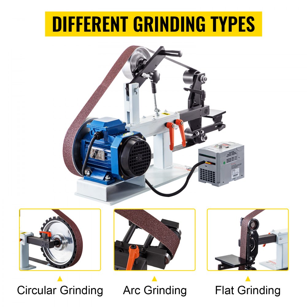 Variable Speed 2HP Belt Grinder for Knife Making with 12-Inch Wheel, Flat Platen, and 3 Grinding Wheel Options