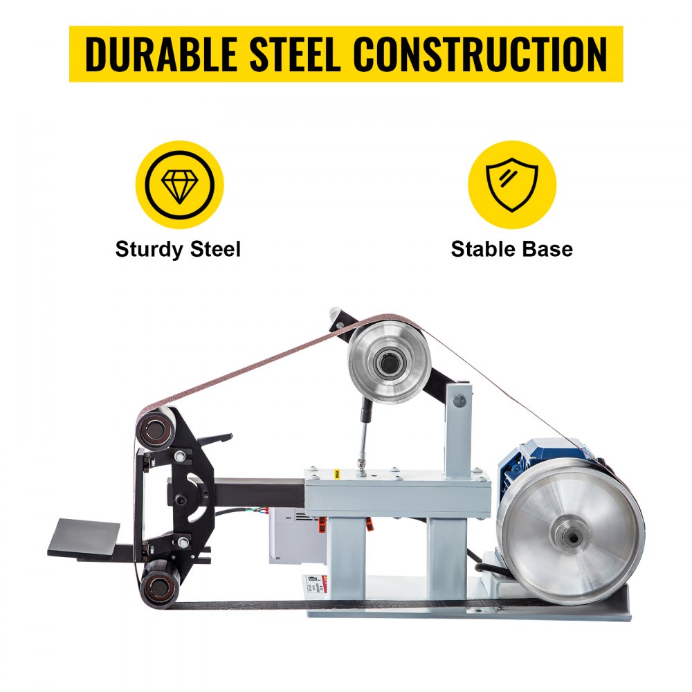 Variable Speed 2HP Belt Grinder for Knife Making with 12-Inch Wheel, Flat Platen, and 3 Grinding Wheel Options
