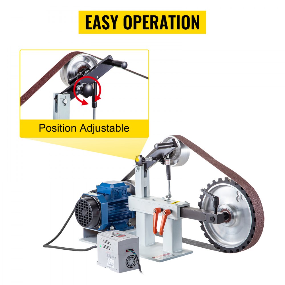 Variable Speed 2HP Belt Grinder for Knife Making with 12-Inch Wheel, Flat Platen, and 3 Grinding Wheel Options