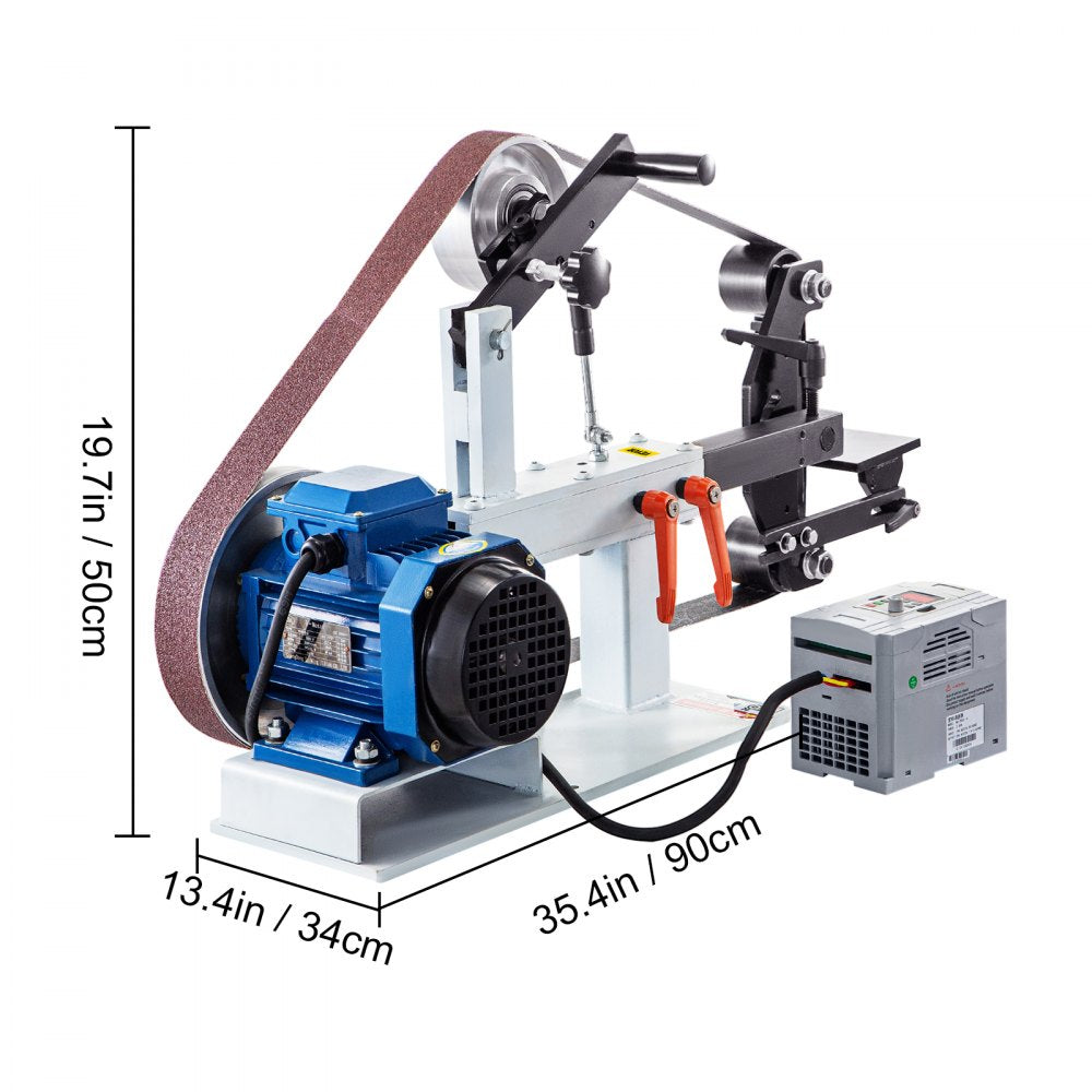 Variable Speed 2HP Belt Grinder for Knife Making with 12-Inch Wheel, Flat Platen, and 3 Grinding Wheel Options