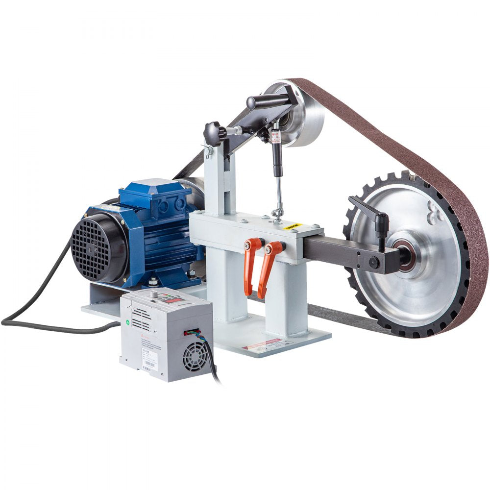 Variable Speed 2HP Belt Grinder for Knife Making with 12-Inch Wheel, Flat Platen, and 3 Grinding Wheel Options