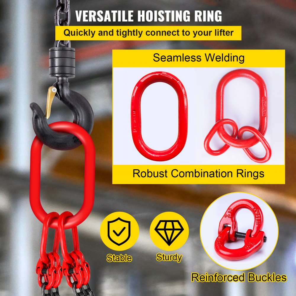 VEVOR Chain Sling 9/32" X 4.5" Engine Lift Chain G80 Alloy Steel Engine Chain Hoist Lifts 3 Ton with 4 Leg Grab Hooks and Adjuster