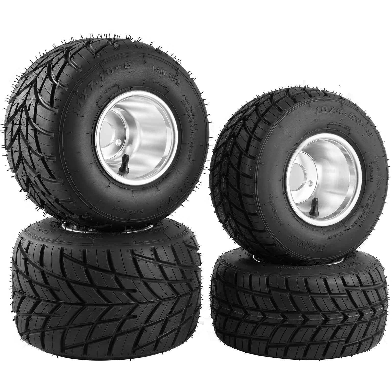 4-Piece Go Kart Tires & Rims Set - High-Quality Rubber & Aluminum Alloy, Front 10"x4.5", Rear 11"x6.0", 58mm 3-Hole Bolt Pattern