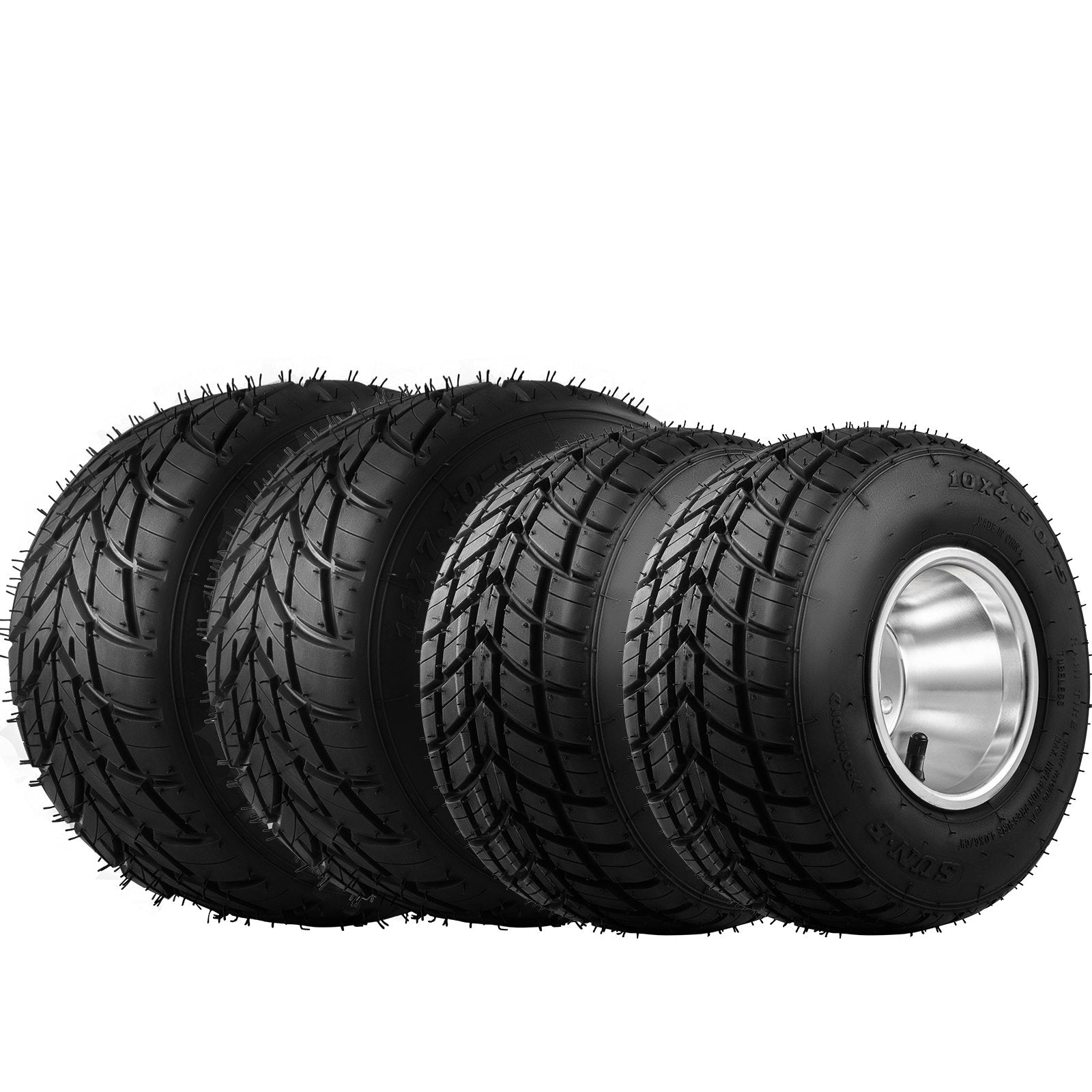 4-Piece Go Kart Tires & Rims Set - High-Quality Rubber & Aluminum Alloy, Front 10"x4.5", Rear 11"x6.0", 58mm 3-Hole Bolt Pattern