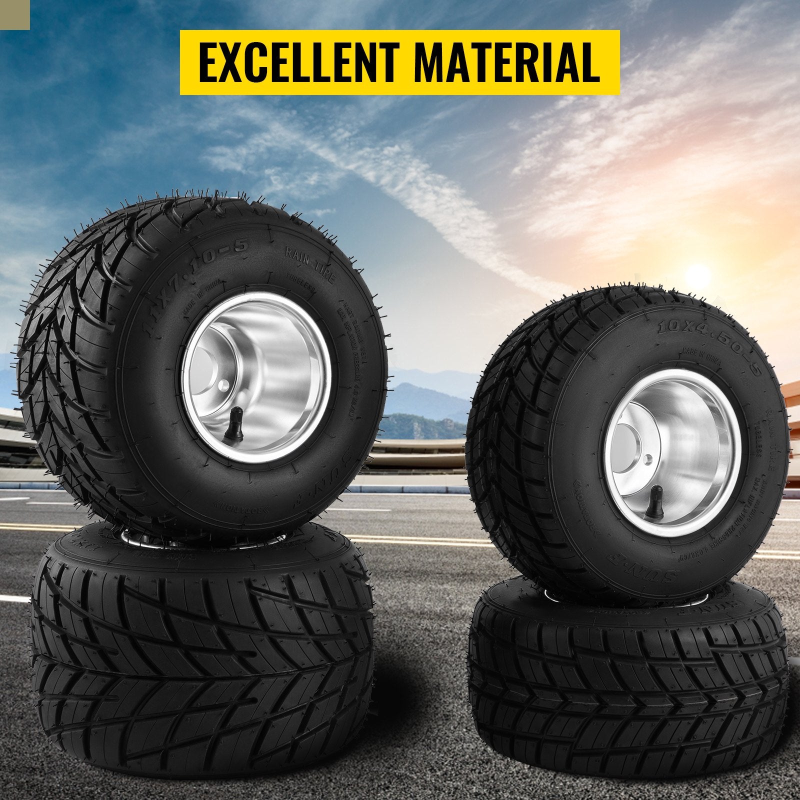 4-Piece Go Kart Tires & Rims Set - High-Quality Rubber & Aluminum Alloy, Front 10"x4.5", Rear 11"x6.0", 58mm 3-Hole Bolt Pattern
