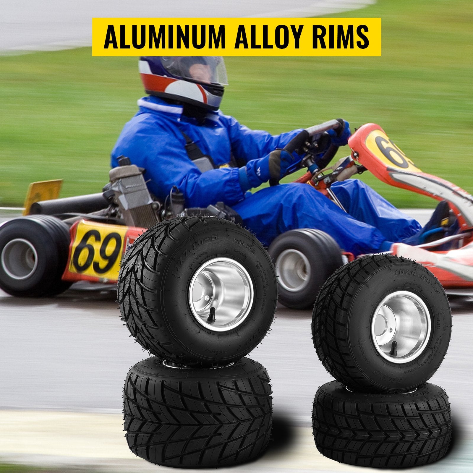 4-Piece Go Kart Tires & Rims Set - High-Quality Rubber & Aluminum Alloy, Front 10"x4.5", Rear 11"x6.0", 58mm 3-Hole Bolt Pattern