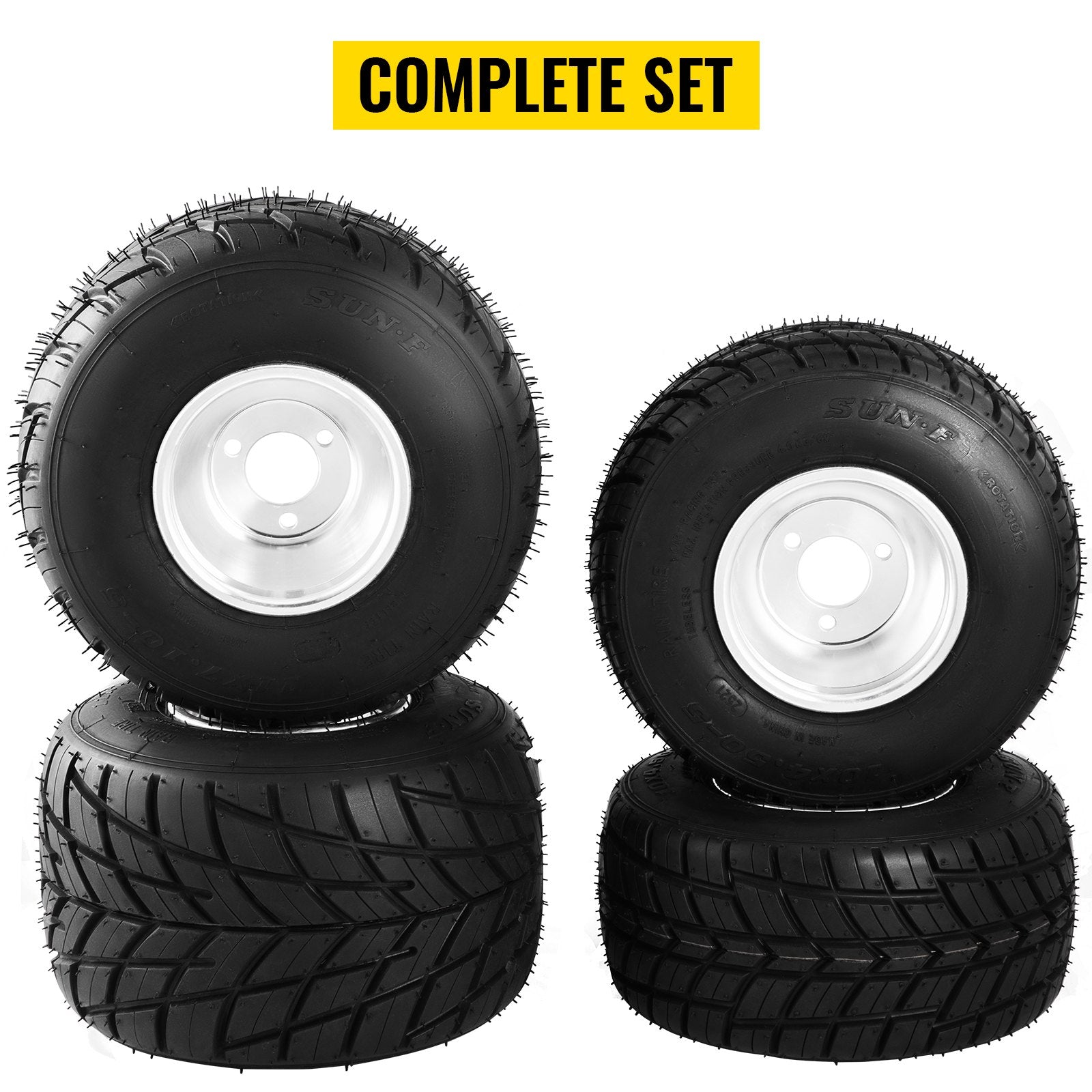 4-Piece Go Kart Tires & Rims Set - High-Quality Rubber & Aluminum Alloy, Front 10"x4.5", Rear 11"x6.0", 58mm 3-Hole Bolt Pattern