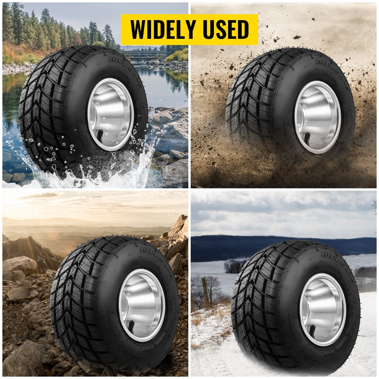 4-Piece Go Kart Tires & Rims Set - High-Quality Rubber & Aluminum Alloy, Front 10"x4.5", Rear 11"x6.0", 58mm 3-Hole Bolt Pattern