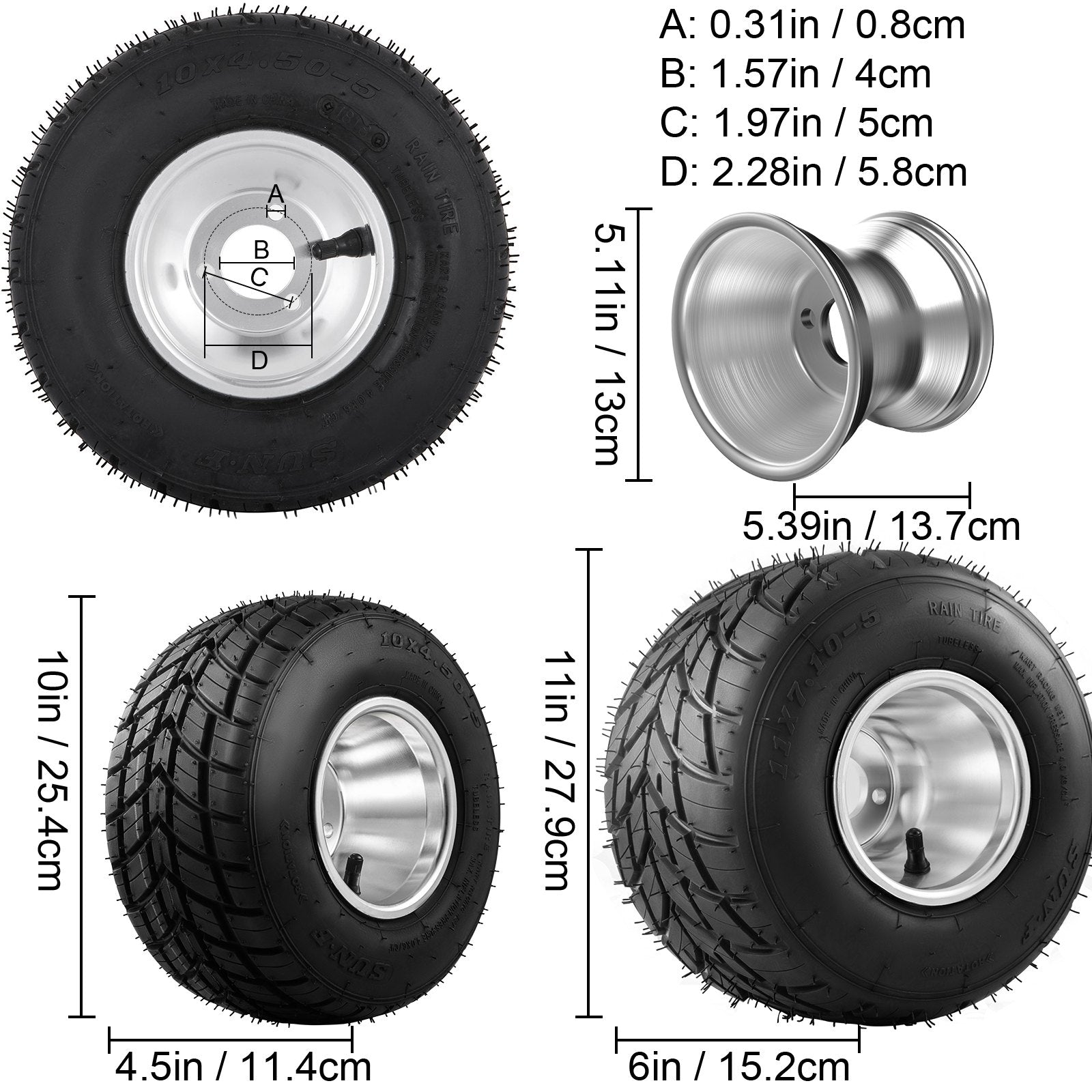 4-Piece Go Kart Tires & Rims Set - High-Quality Rubber & Aluminum Alloy, Front 10"x4.5", Rear 11"x6.0", 58mm 3-Hole Bolt Pattern