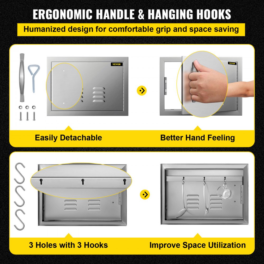 VEVOR 20W x 14H Inch BBQ Access Single Door with Vents Horizontal BBQ Island Door Stainless Steel Outdoor Kitchen Doors for Commercial BBQ Grid