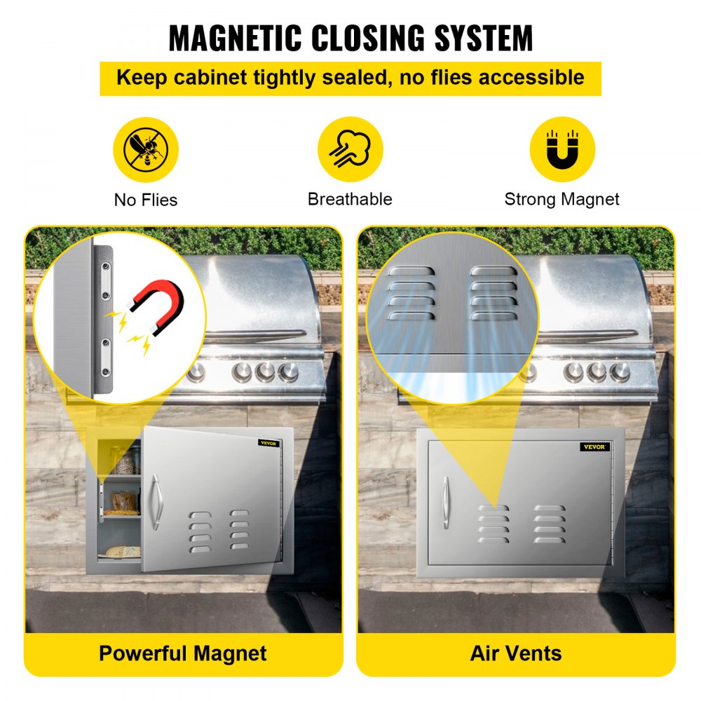 VEVOR 20W x 14H Inch BBQ Access Single Door with Vents Horizontal BBQ Island Door Stainless Steel Outdoor Kitchen Doors for Commercial BBQ Grid