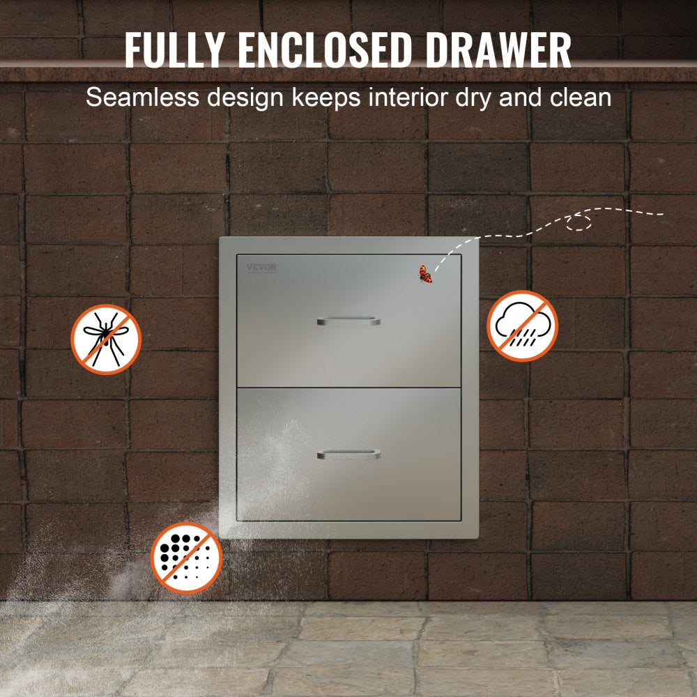 VEVOR Outdoor Kitchen Drawers 18W x 20.6H x 12.7D Inch, Flush Mount Double BBQ Drawers Stainless Steel with Handle, BBQ Island Drawers for Outdoor Kitchens or Patio Grill Station