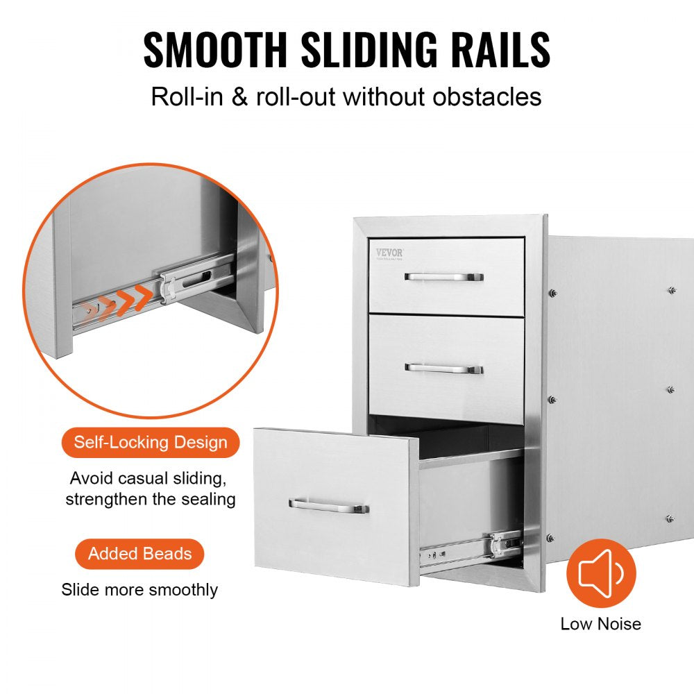 Triple Access BBQ Drawers with Chrome Handle for Outdoor Kitchen, 18x23 Inch, Stainless Steel