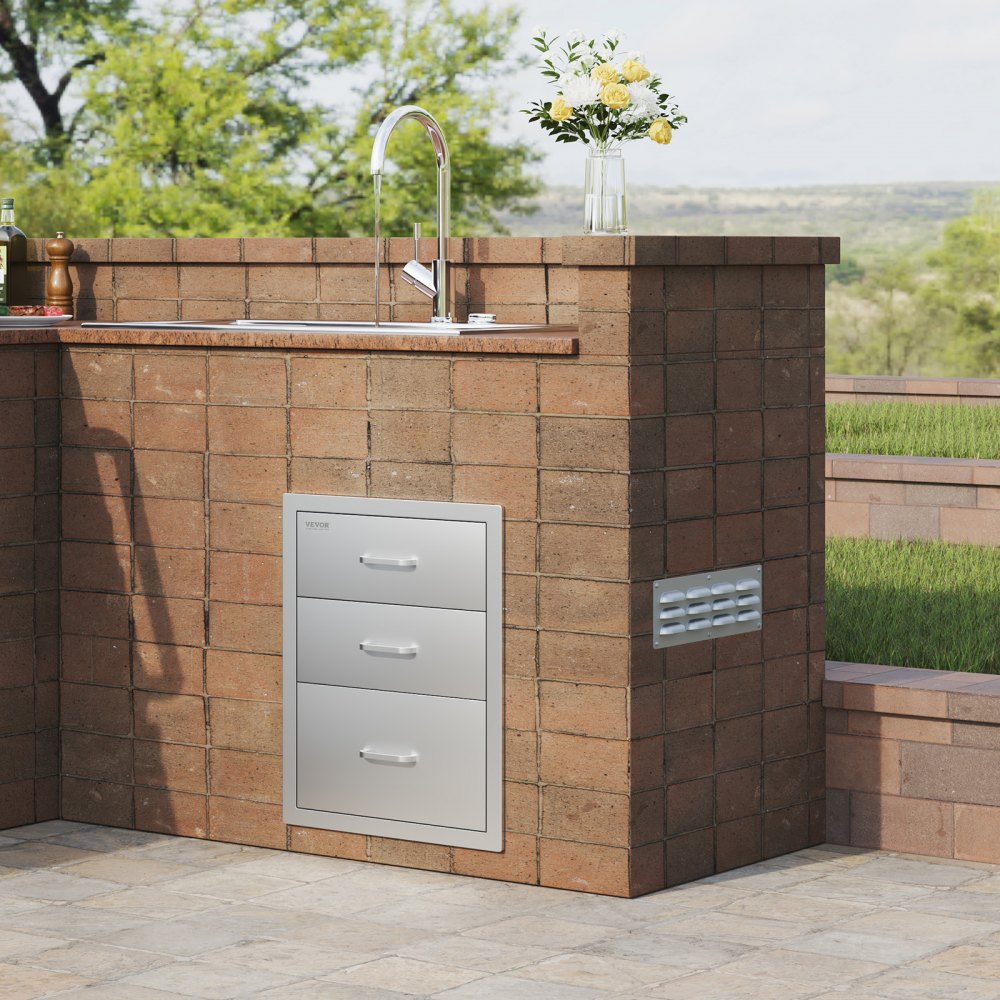 Triple Access BBQ Drawers with Chrome Handle for Outdoor Kitchen, 18x23 Inch, Stainless Steel