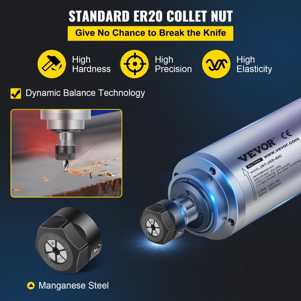High-Performance 2.2KW Water-Cooled CNC Spindle Motor for PCB Milling with ER20 Collet, 8000-24000 RPM, 2HP Power