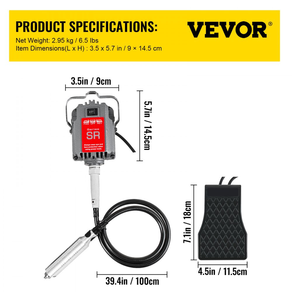 VEVOR S-R Hanging Flex Shaft Grinder 230W Rotary Tool with Stepless Speed Foot Pedal Rotary Carver 0-180000rmp for Carving, Buffing,Drilling,Polishing (4mm flexshaft), Grey