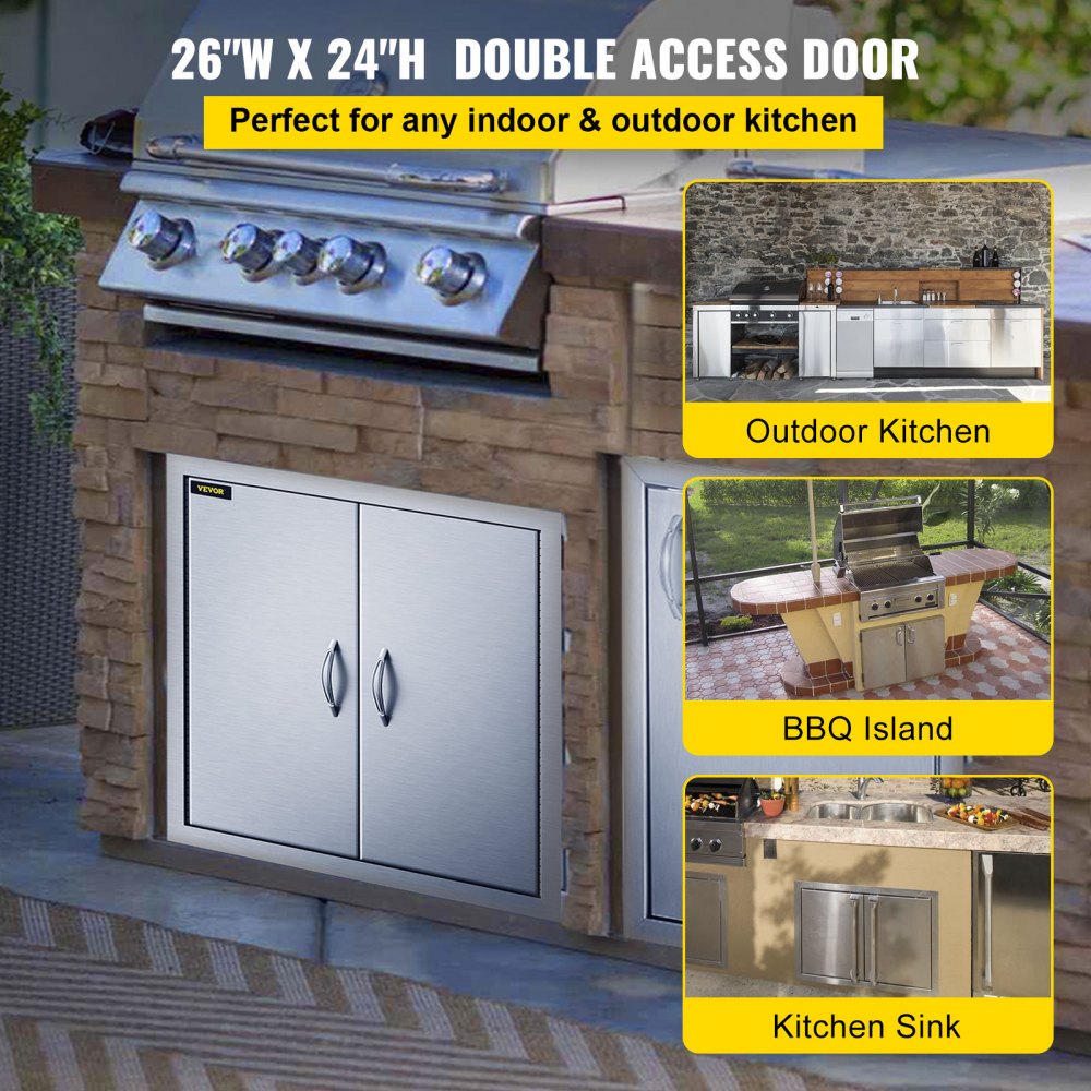 VEVOR Outdoor Kitchen Access 26\"x 24\" Wall Construction Stainless Steel Flush Mount for BBQ Island, 26inch x 24inch, Double Door