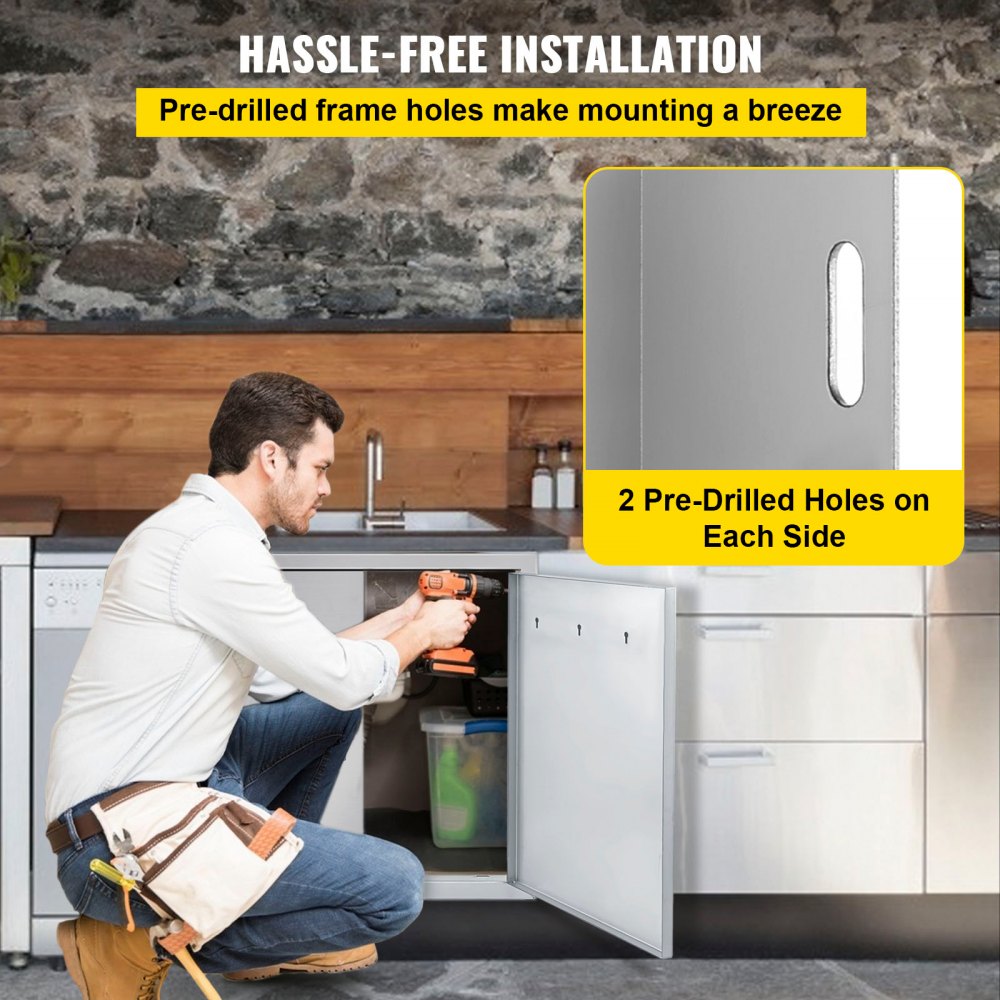 VEVOR Outdoor Kitchen Access 26\"x 24\" Wall Construction Stainless Steel Flush Mount for BBQ Island, 26inch x 24inch, Double Door