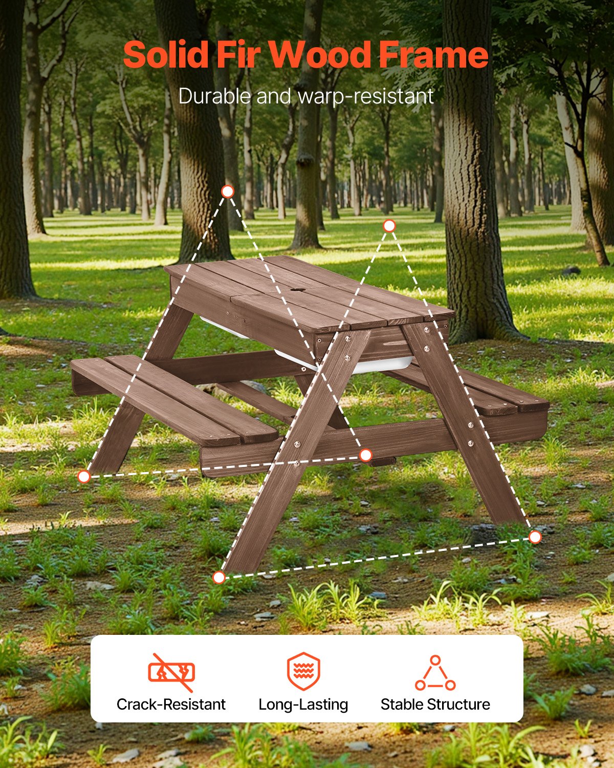 3-in-1 Kids Wooden Picnic Table with Umbrella, Sand & Water Play, Outdoor Bench Set for Garden & Backyard Patio Fun (Walnut)
