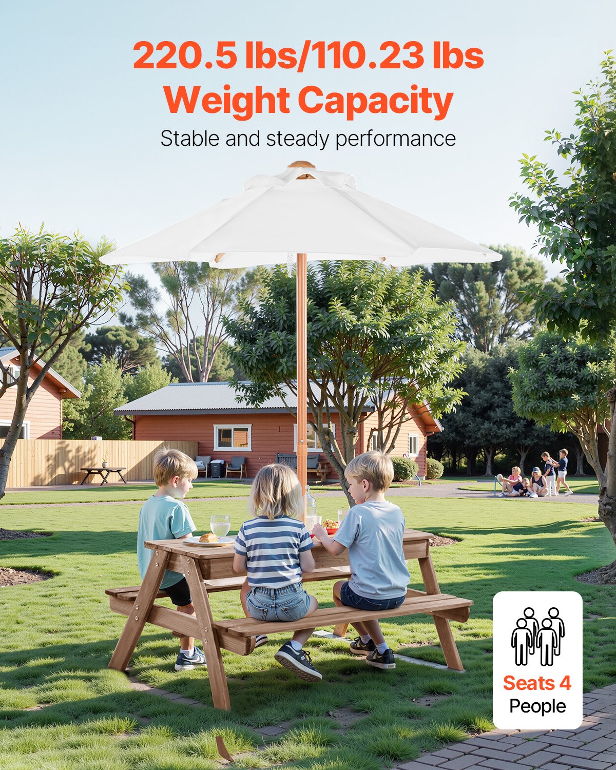 3-in-1 Kids Wooden Picnic Table with Umbrella, Sand & Water Play, Outdoor Bench Set for Garden & Backyard Patio Fun (Walnut)