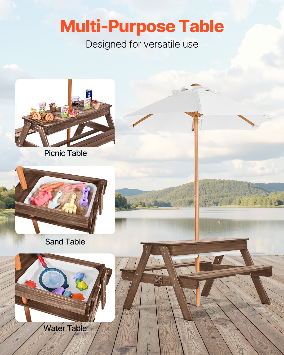 3-in-1 Kids Wooden Picnic Table with Umbrella, Sand & Water Play, Outdoor Bench Set for Garden & Backyard Patio Fun (Walnut)