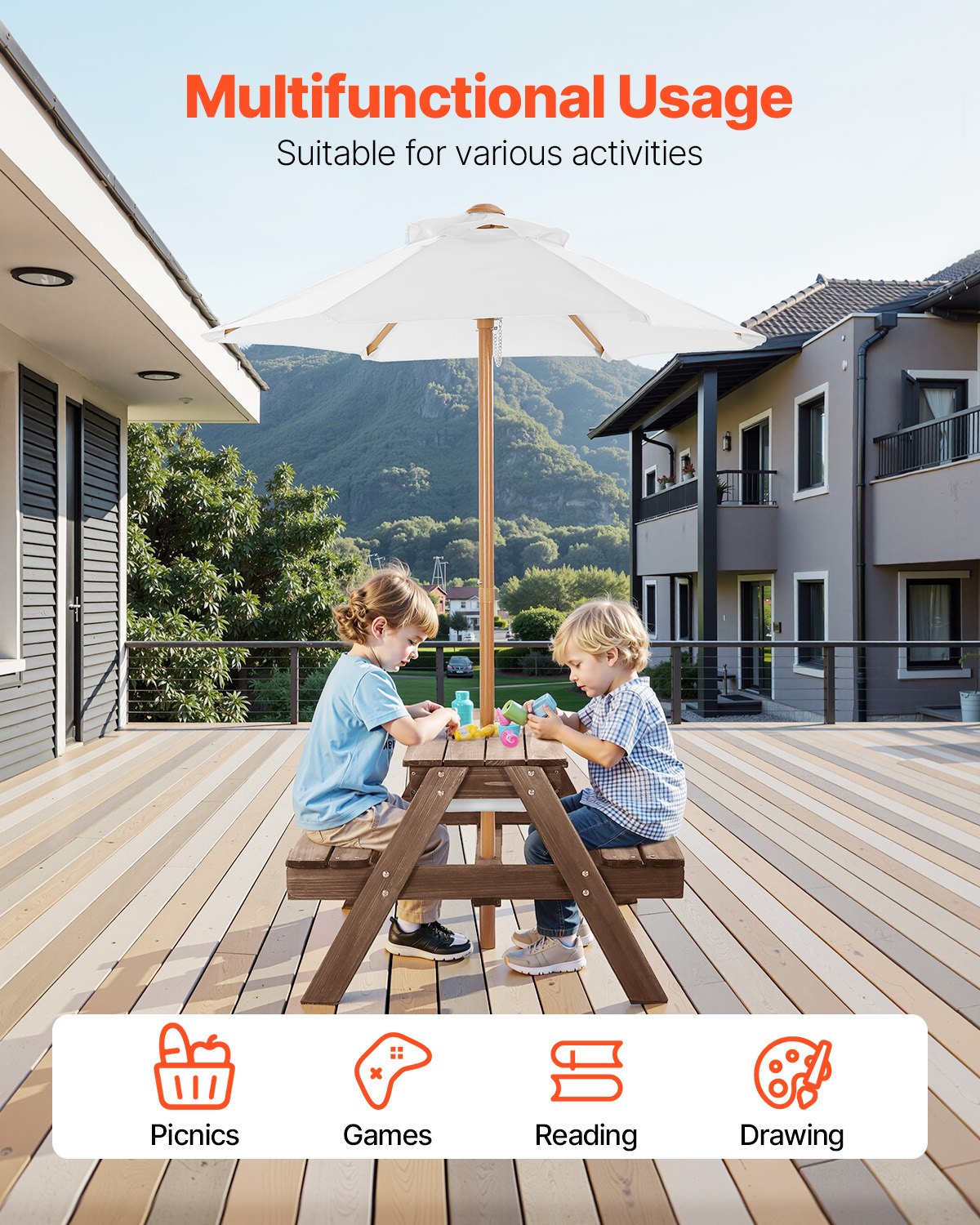 3-in-1 Kids Wooden Picnic Table with Umbrella, Sand & Water Play, Outdoor Bench Set for Garden & Backyard Patio Fun (Walnut)