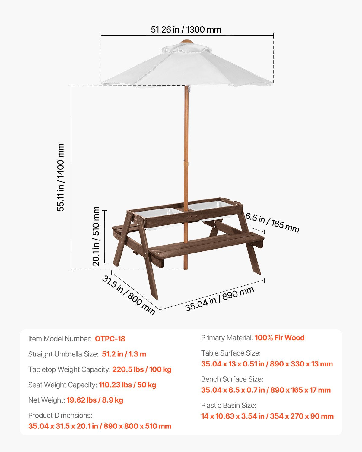 3-in-1 Kids Wooden Picnic Table with Umbrella, Sand & Water Play, Outdoor Bench Set for Garden & Backyard Patio Fun (Walnut)