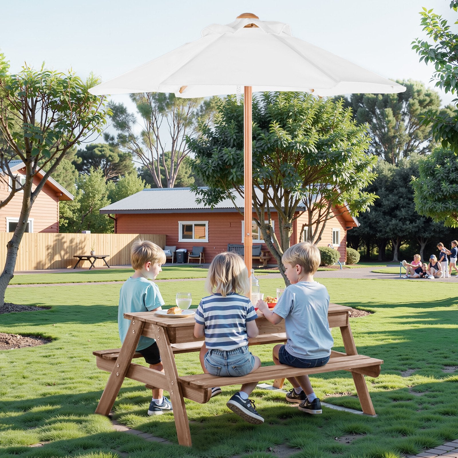 3-in-1 Kids Wooden Picnic Table with Umbrella, Sand & Water Play, Outdoor Bench Set for Garden & Backyard Patio Fun (Walnut)