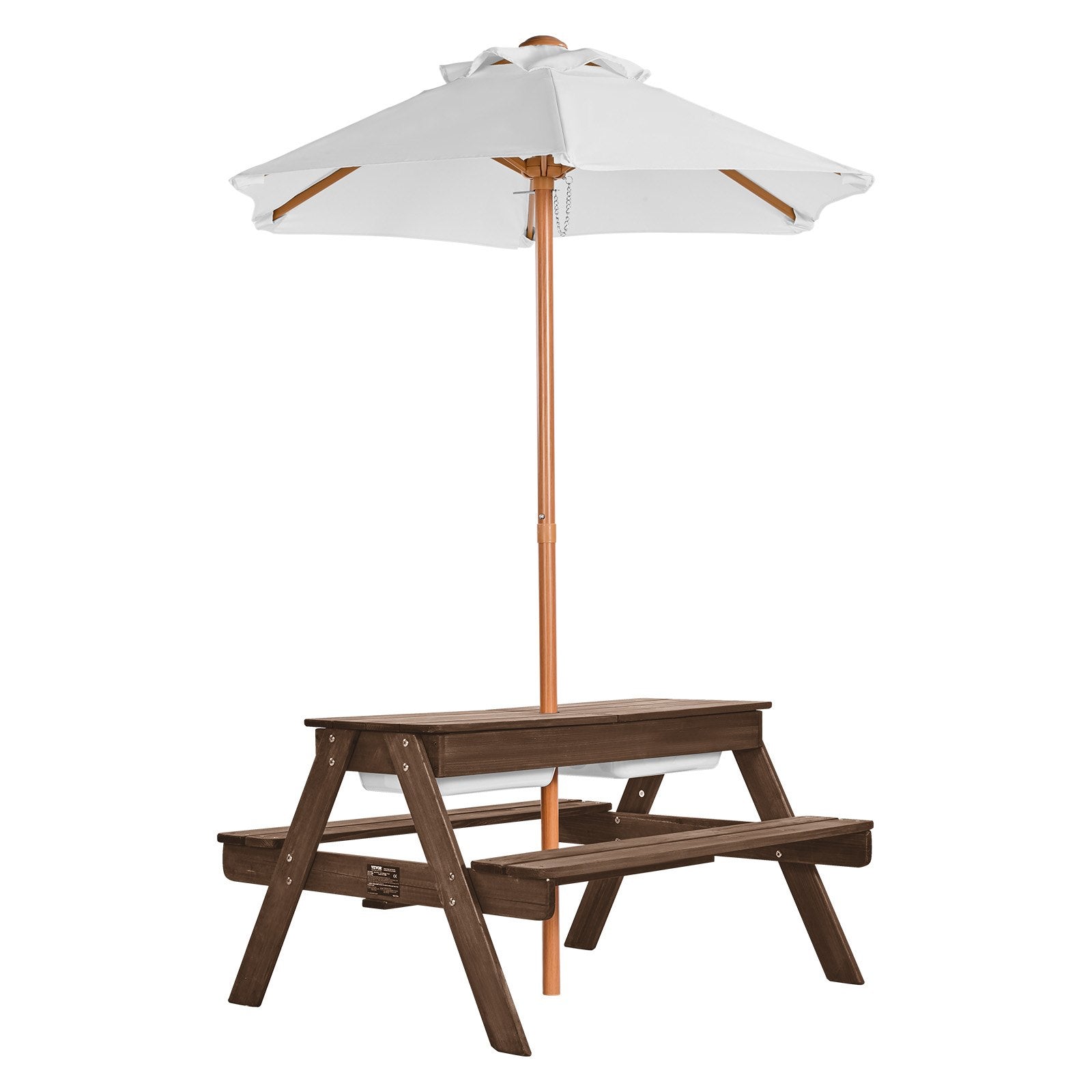 3-in-1 Kids Wooden Picnic Table with Umbrella, Sand & Water Play, Outdoor Bench Set for Garden & Backyard Patio Fun (Walnut)