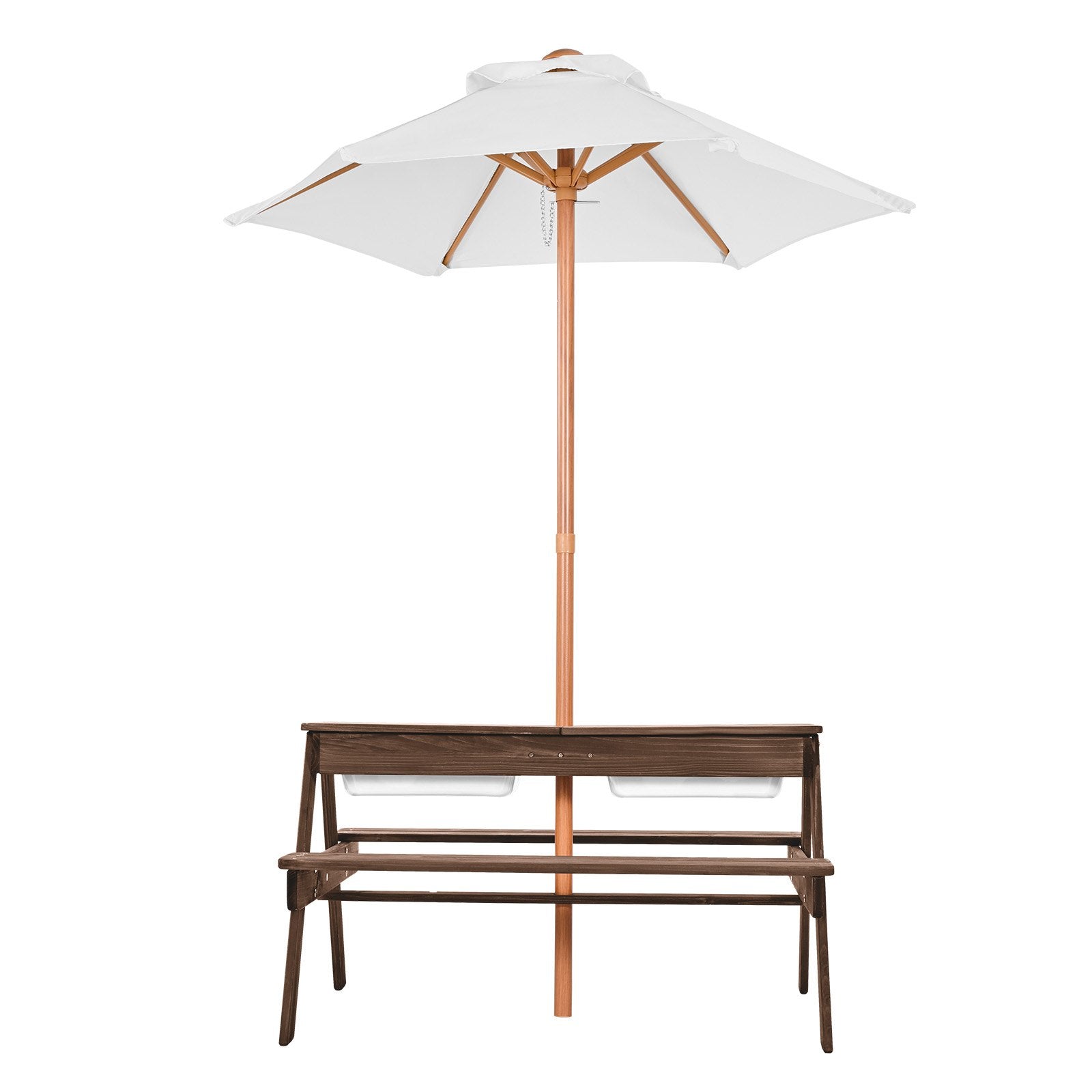 3-in-1 Kids Wooden Picnic Table with Umbrella, Sand & Water Play, Outdoor Bench Set for Garden & Backyard Patio Fun (Walnut)