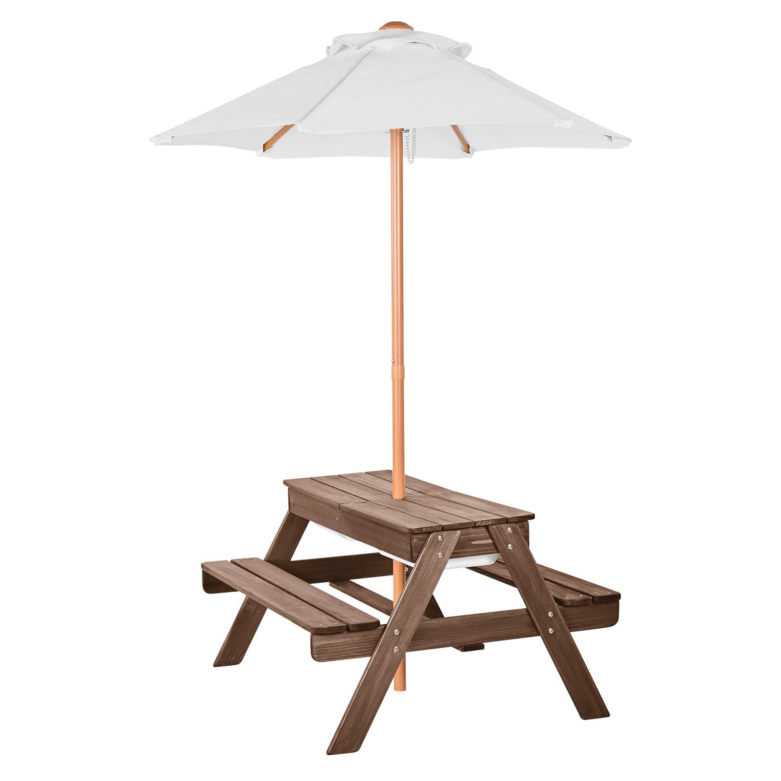 3-in-1 Kids Wooden Picnic Table with Umbrella, Sand & Water Play, Outdoor Bench Set for Garden & Backyard Patio Fun (Walnut)