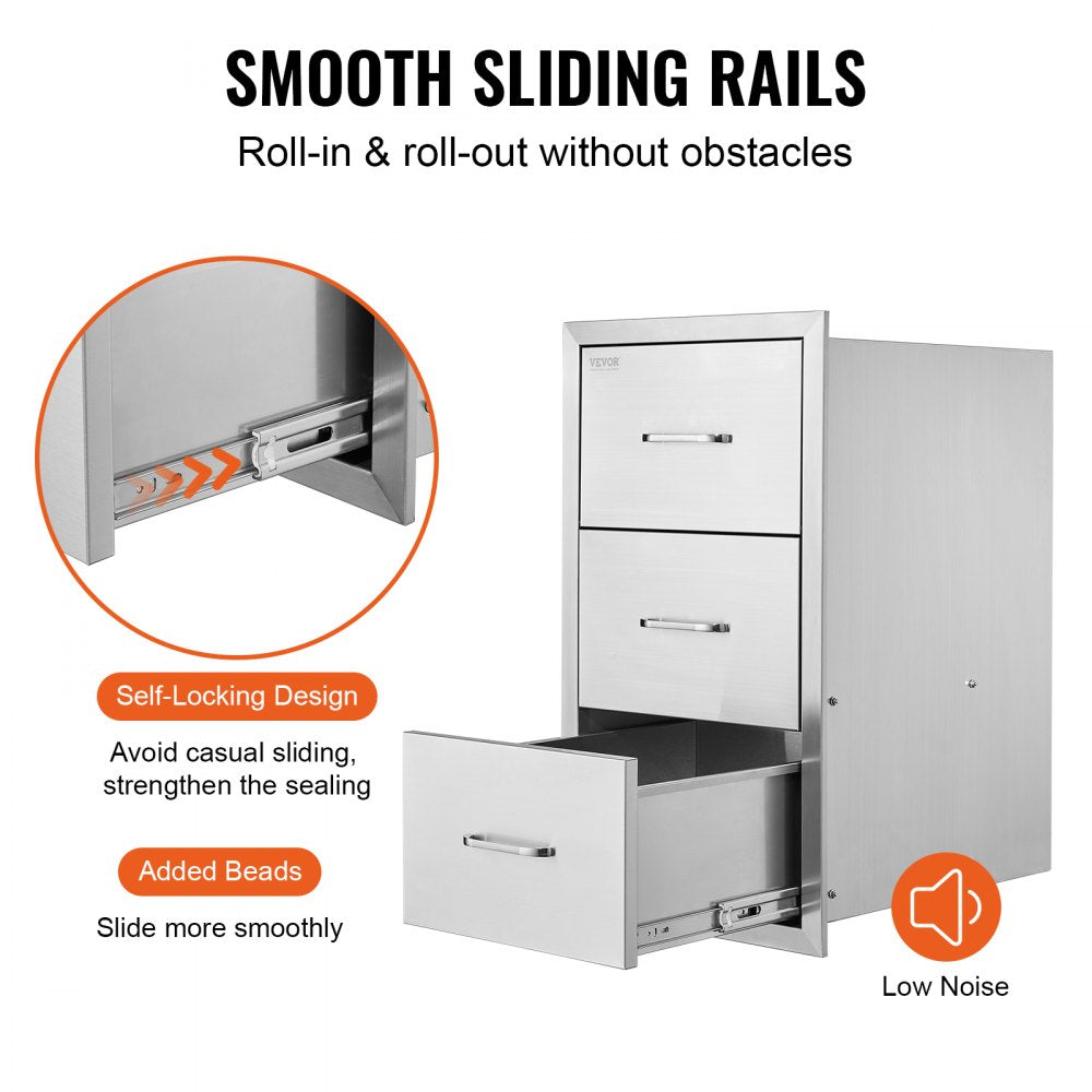 VEVOR 17W x 30H x 21D Inch Outdoor Kitchen Stainless Steel Double Access Drawers with Paper Towel Holder Combo for BBQ Island or Grill Station