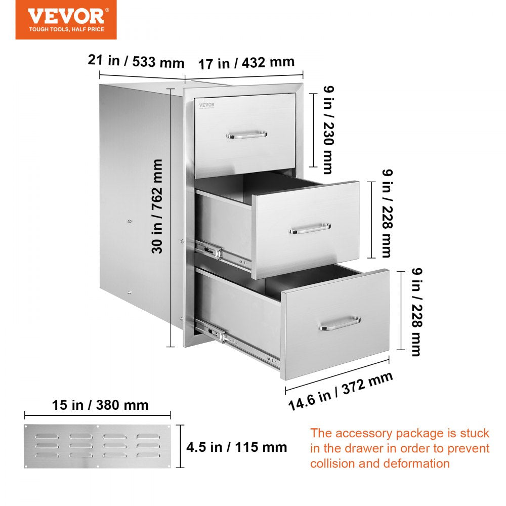 VEVOR 17W x 30H x 21D Inch Outdoor Kitchen Stainless Steel Double Access Drawers with Paper Towel Holder Combo for BBQ Island or Grill Station