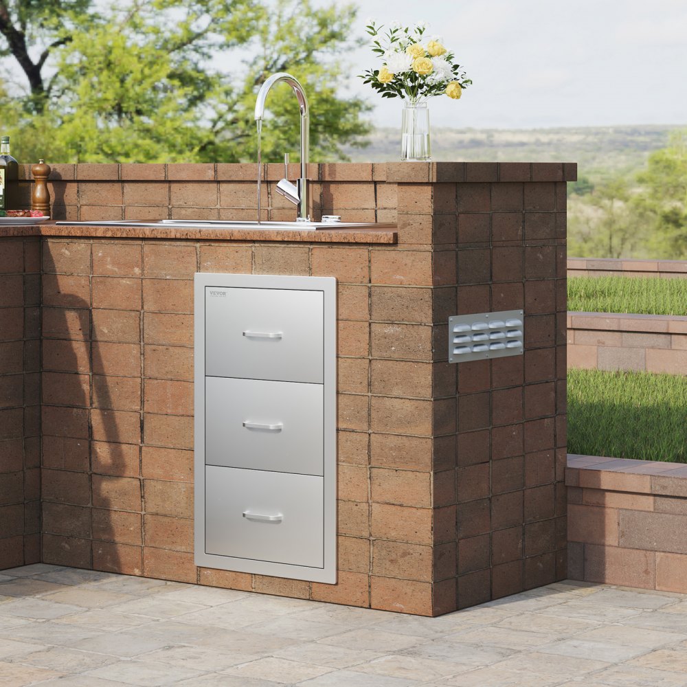 VEVOR 17W x 30H x 21D Inch Outdoor Kitchen Stainless Steel Double Access Drawers with Paper Towel Holder Combo for BBQ Island or Grill Station