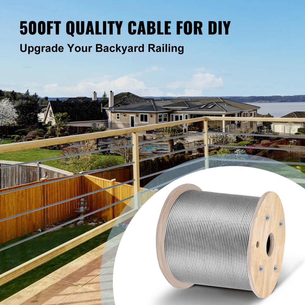 VEVOR Stainless Steel Cable Railing 1/8"x 500ft, Wire Rope 316 Marine Grade, Braided Aircraft Cable 1x19 Strands Construction for Deck,Rail,Balusters,Stair,Handrail,Porch,Fence