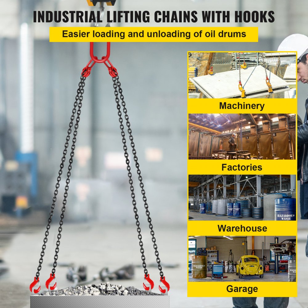 VEVOR 10FT Chain Sling 5/16 Inch X 10 FT Engine Lift Chain G80 Alloy Steel Engine Chain Hoist Lifts 3 Ton with 4 Leg Grab Hooks and Adjuster Used in Mining, Machinery, Ports, Building