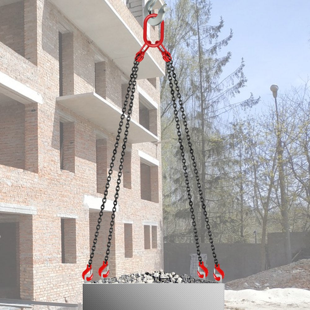 VEVOR 10FT Chain Sling 5/16 Inch X 10 FT Engine Lift Chain G80 Alloy Steel Engine Chain Hoist Lifts 3 Ton with 4 Leg Grab Hooks and Adjuster Used in Mining, Machinery, Ports, Building