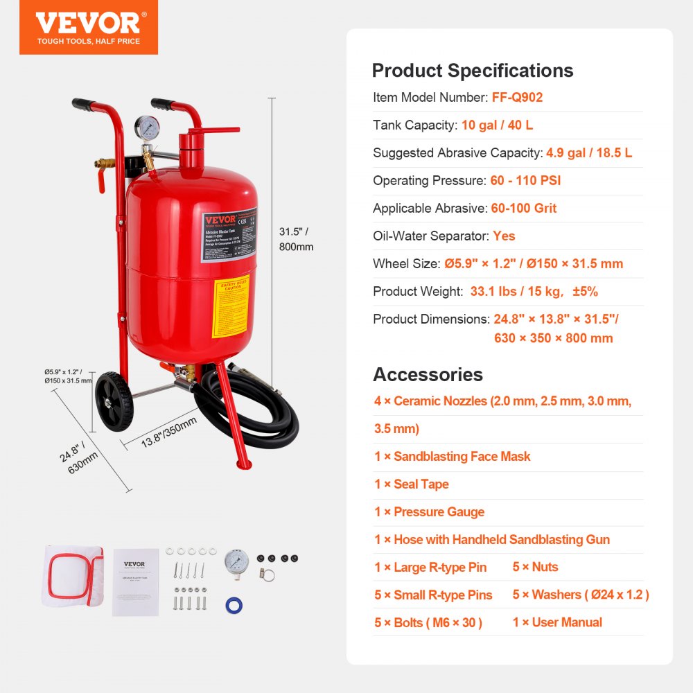 Heavy-Duty 10-Gallon Portable Sandblaster with Wheels, Nozzle Control, and Pressure Gauge for Efficient Grit Blasting Tasks