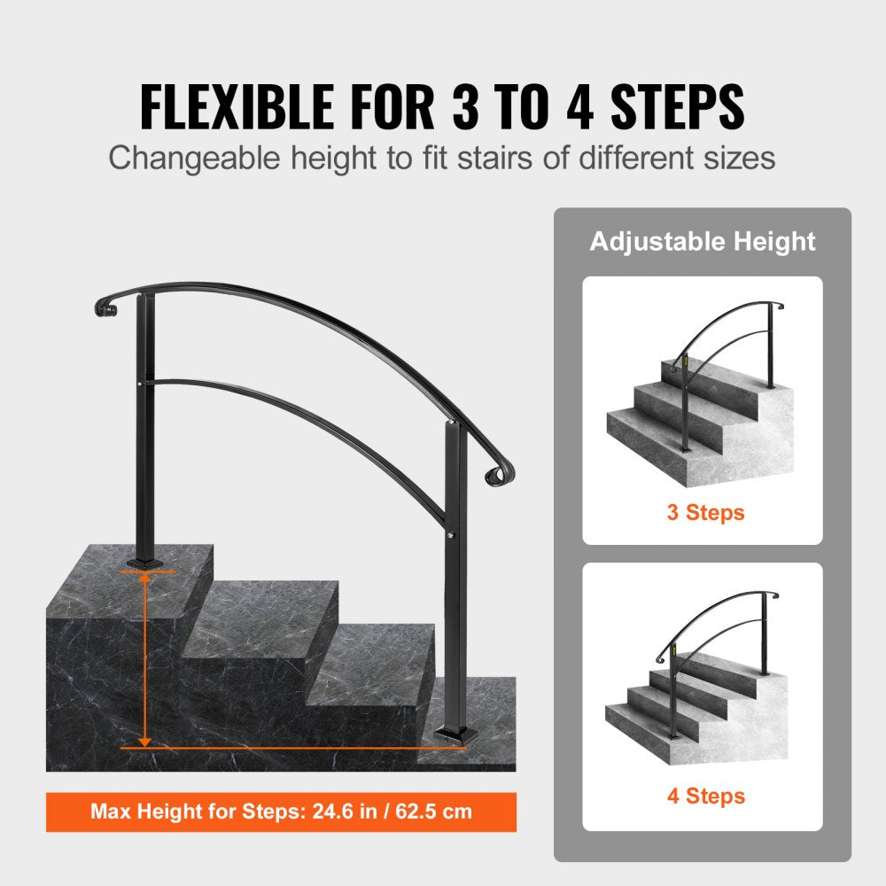 Matte Black Wrought Iron Handrail with Installation Kit for 1 to 4 Outdoor Steps - 4-Step Stair Rail System