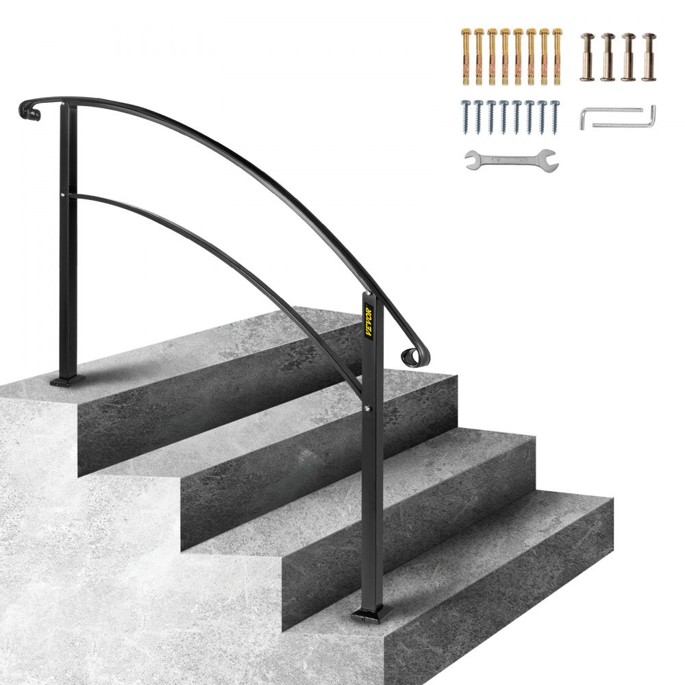 Matte Black Wrought Iron Handrail with Installation Kit for 1 to 4 Outdoor Steps - 4-Step Stair Rail System