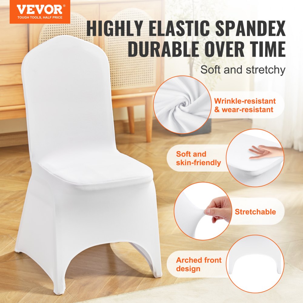 VEVOR 50pcs Chair Cover Wedding Spandex White Chair Covers Stretch Fabric Removable Washable Protective Slipcovers for Weddings Banquets Ceremony(Arched,50PCS)