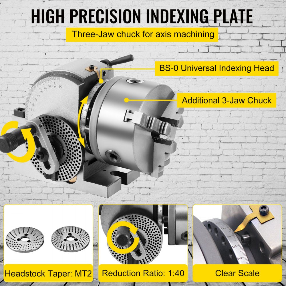 Precision 5-Inch Dividing Head Set with 3-Jaw Chuck and Tailstock for Milling Machine Applications