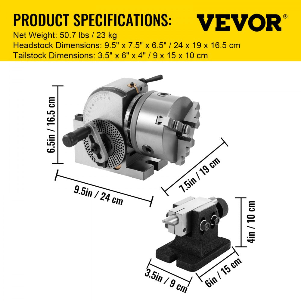 Precision 5-Inch Dividing Head Set with 3-Jaw Chuck and Tailstock for Milling Machine Applications