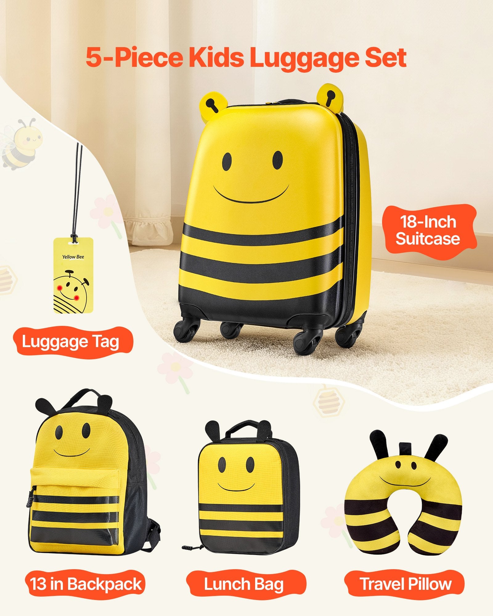 5-Piece Kids Luggage Set with 18-Inch Hardside Suitcase, Backpack, U-Shape Pillow, Bee Design, Holiday Gift, Travel Essentials