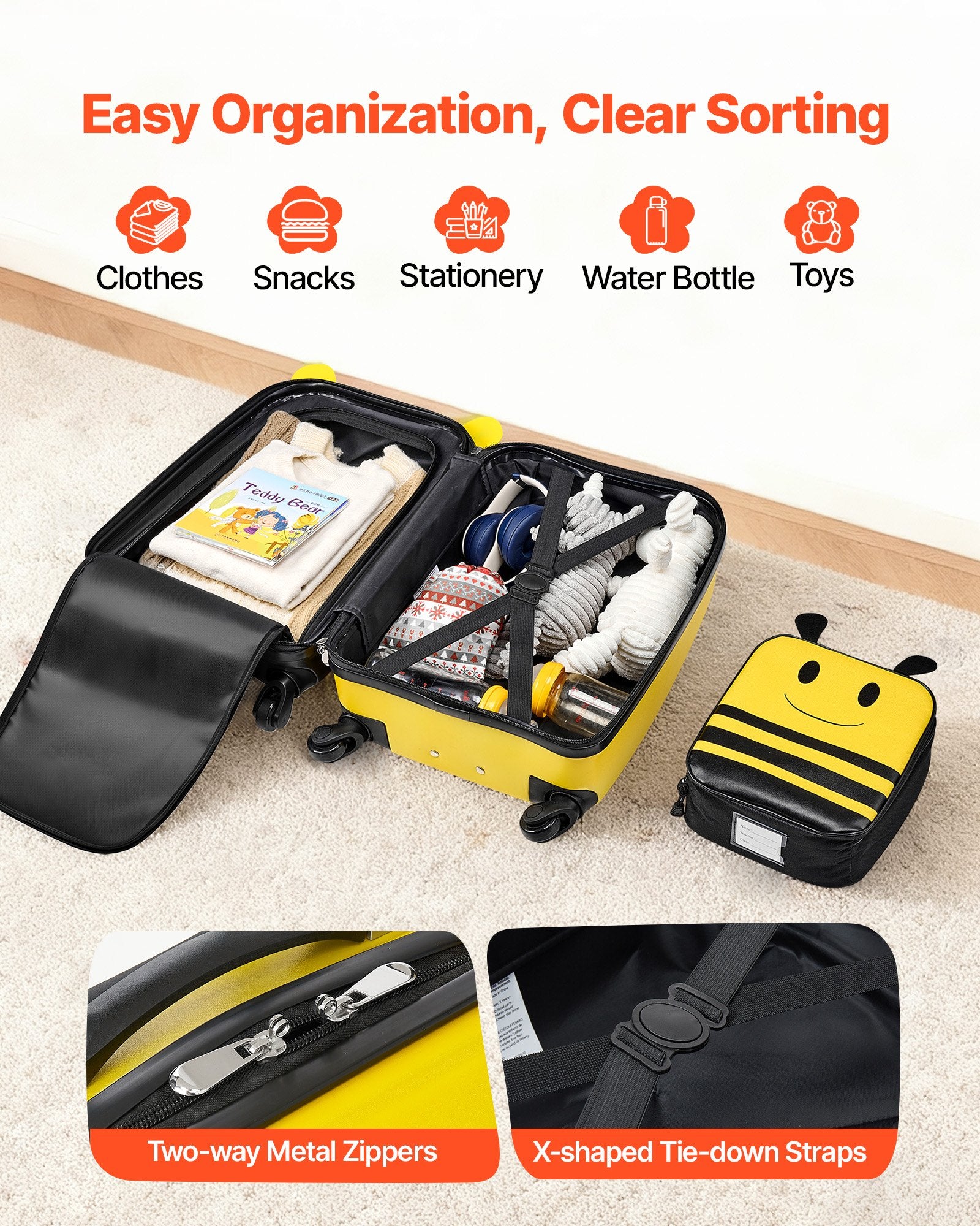 5-Piece Kids Luggage Set with 18-Inch Hardside Suitcase, Backpack, U-Shape Pillow, Bee Design, Holiday Gift, Travel Essentials