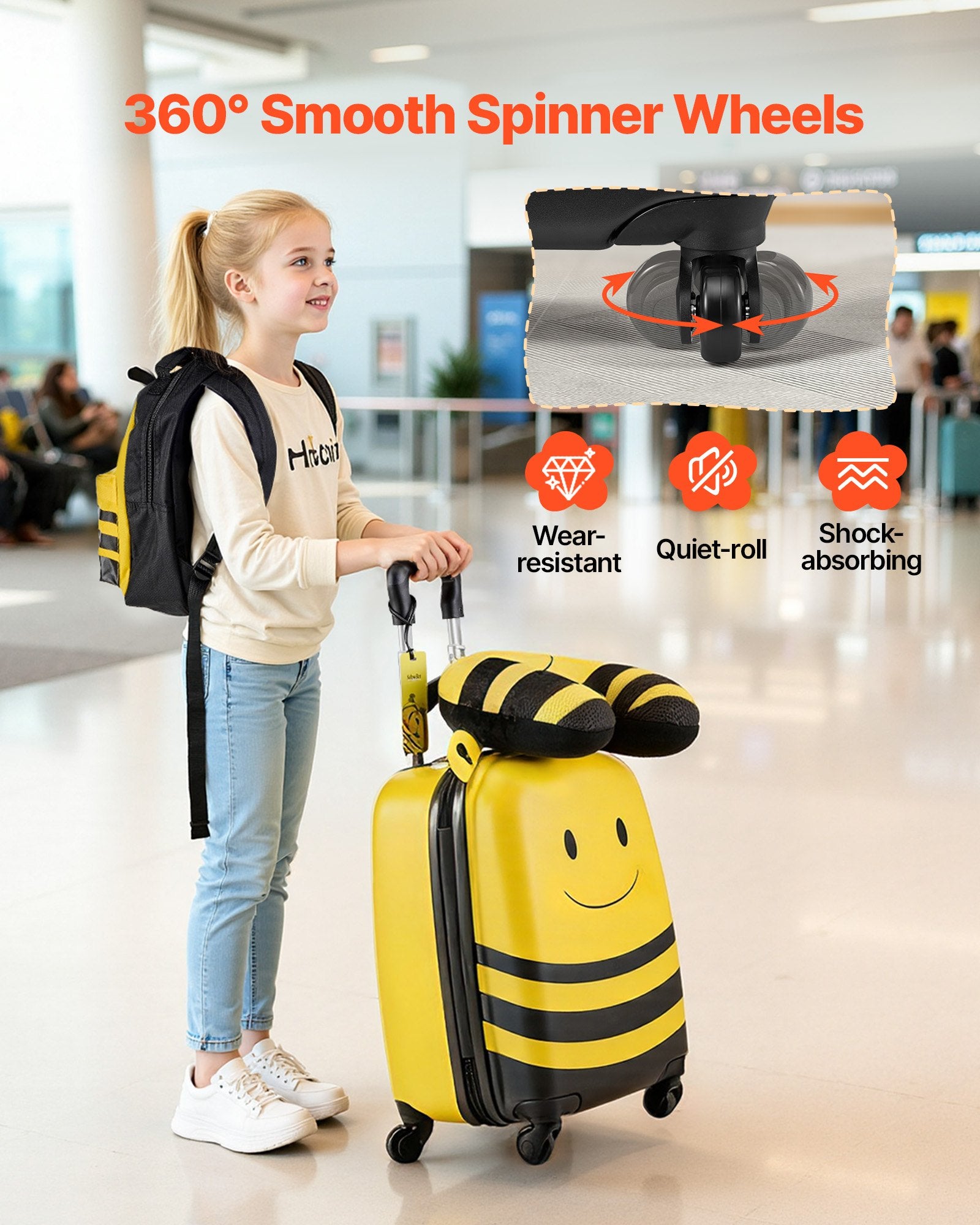 5-Piece Kids Luggage Set with 18-Inch Hardside Suitcase, Backpack, U-Shape Pillow, Bee Design, Holiday Gift, Travel Essentials